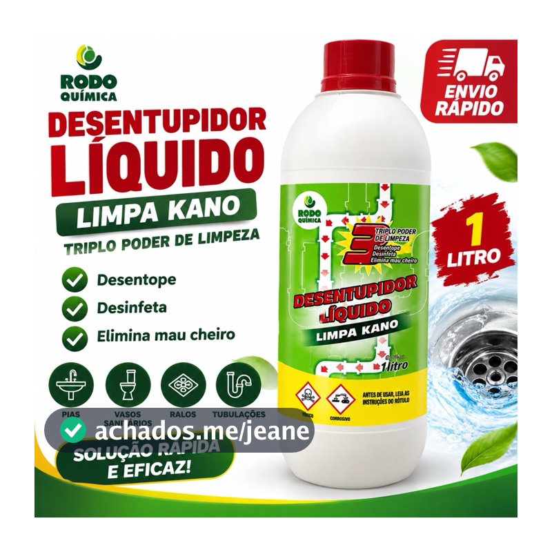 Desentupidor Líquido Limpa Kano 1L Rodo Química Desentope Ralos Pias e Tubulações
