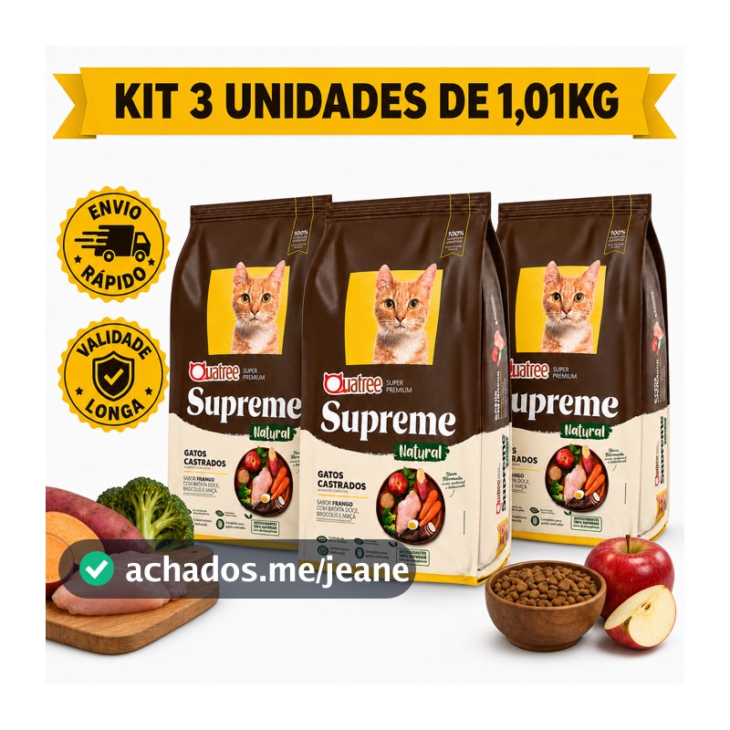Kit C/ 3 Ração Quatree Supreme Gatos Castrados Frango 1Kg