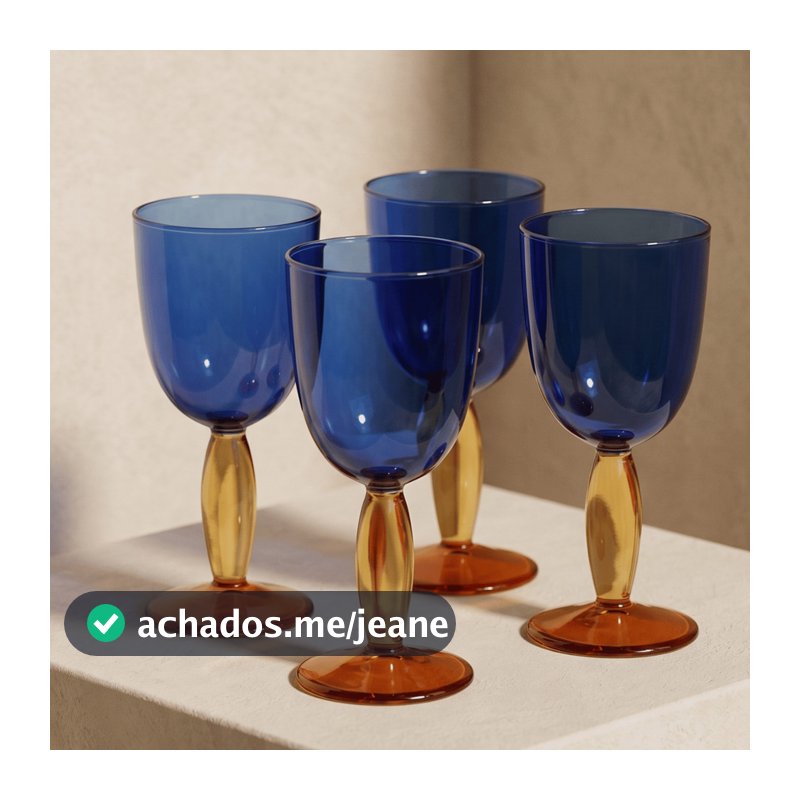 Jogo 4 Tacas Vidro Borossilicato Colorido Azul Ambar Retro 420ml Mesa Posta Vinho Agua Drink 20cm