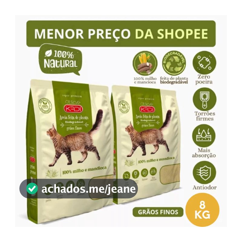Areia Biodegradável Kadi Grãos Finos Gato 8 KG Grão Cat Bio Milho Mandioca (2 pacotes de 4 kg)
