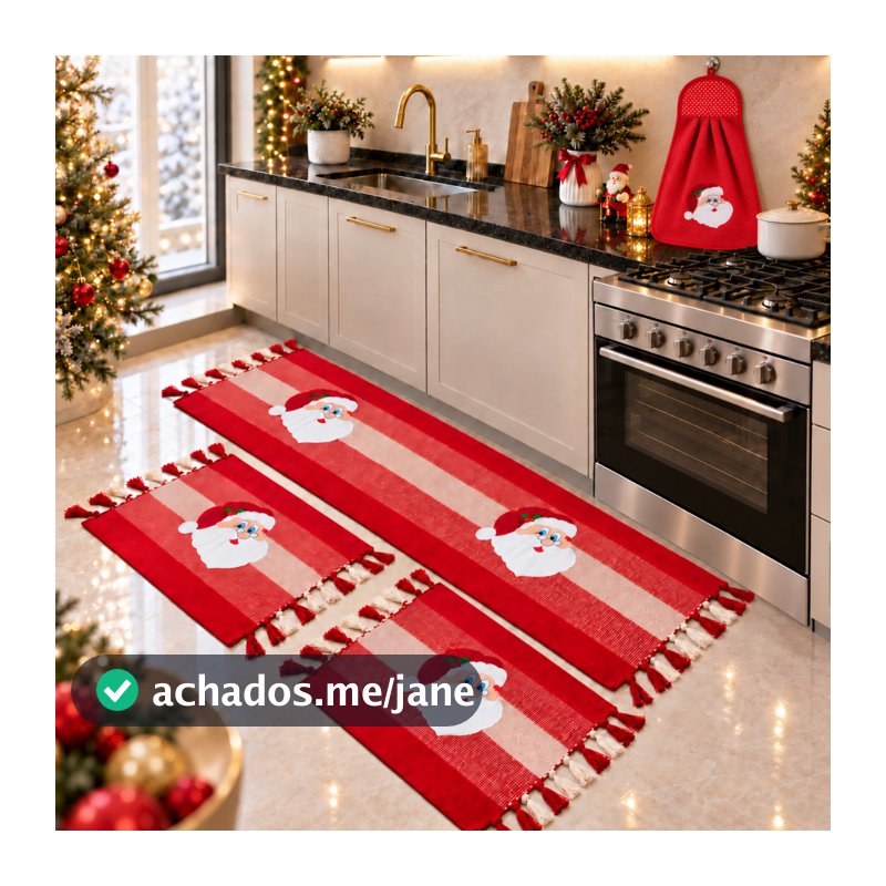 Jogo Passadeira Cozinha Tapete Macio de Natal Algodão + Bate Mão Papai Noel Toalha de Mão Natalina 4Pçs