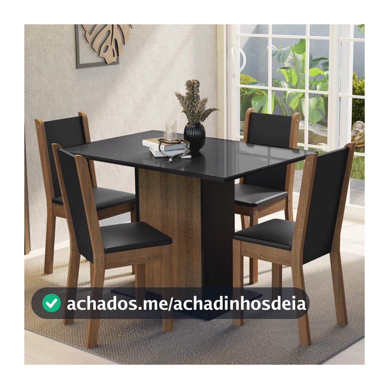 Conjunto Sala de Jantar Mesa Tampo de Vidro 4 Cadeiras Preto/Rustic Martina Madesa