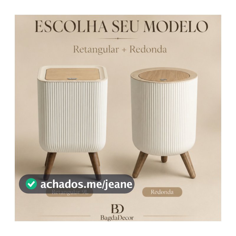 Lixeira De Plástico 9/8 Litros Branca Com Pés De Bambu Com Tampa Click De Pressão Cozinha Banheiro