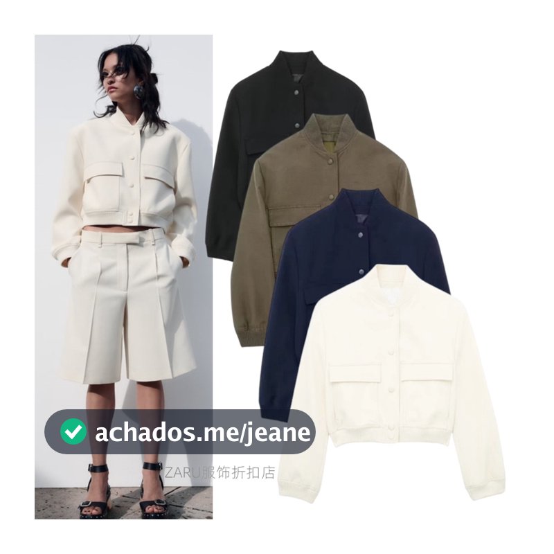 ZA Novo Terno De Beisebol Curto Feminino Com Bolso Grande E Casaco Piloto 2501707