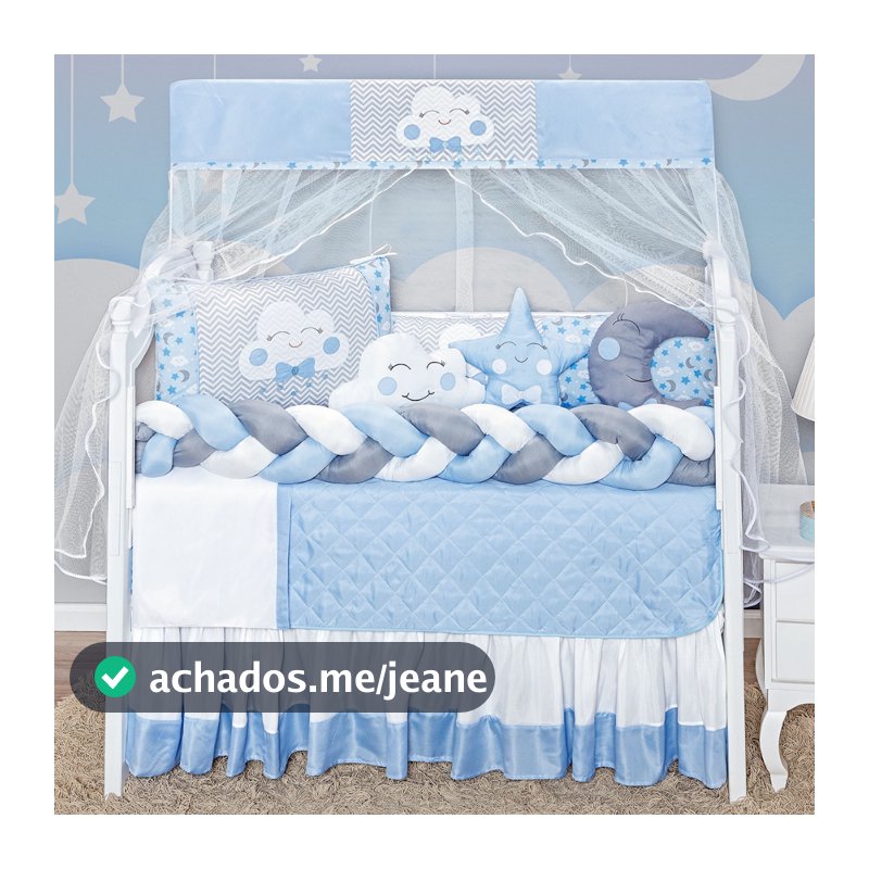Kit Berço Americano Lua Nuvem Azul Bebê para Quarto de Bebê Menino Decoração Luxo 12 Peças