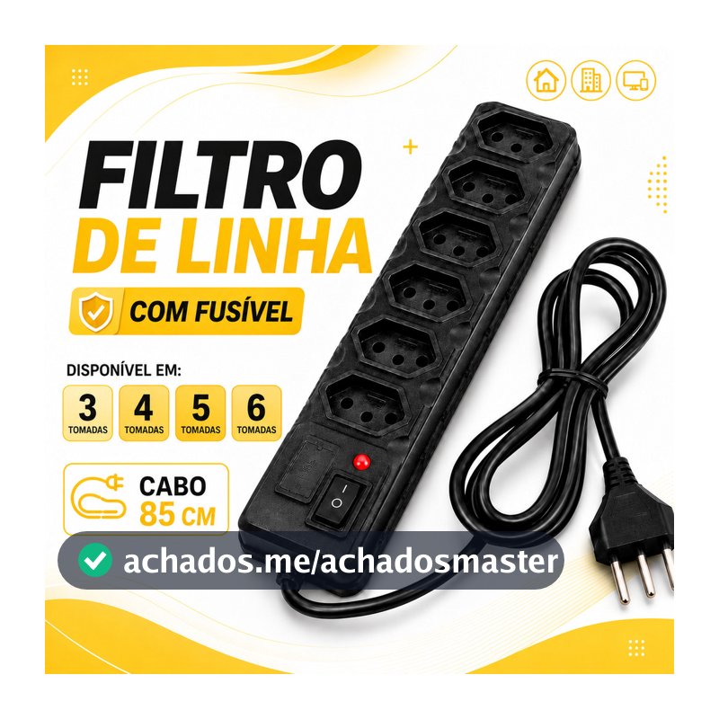 Filtro de Linha Preto 3, 4, 5 e 6 Tomadas Régua Elétrica 0.85  METROS