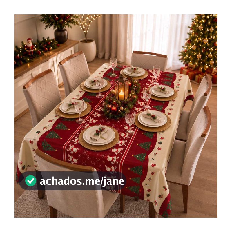 Toalha de Mesa Natal 2,00x1,40 Decoração Para Mesa 6 Cadeiras Oxford Com Bainha