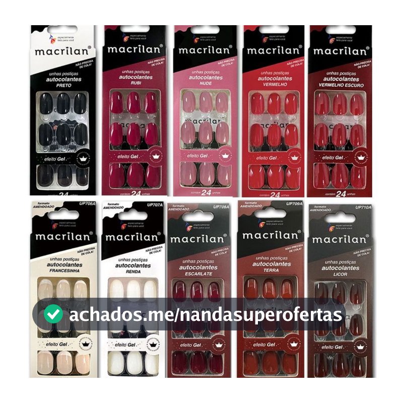UNHAS POSTIÇAS AMENDOADO AUTOCOLANTE 24 UNID. MACRILAN - ESCOLHA SUA COR E ARRASE!