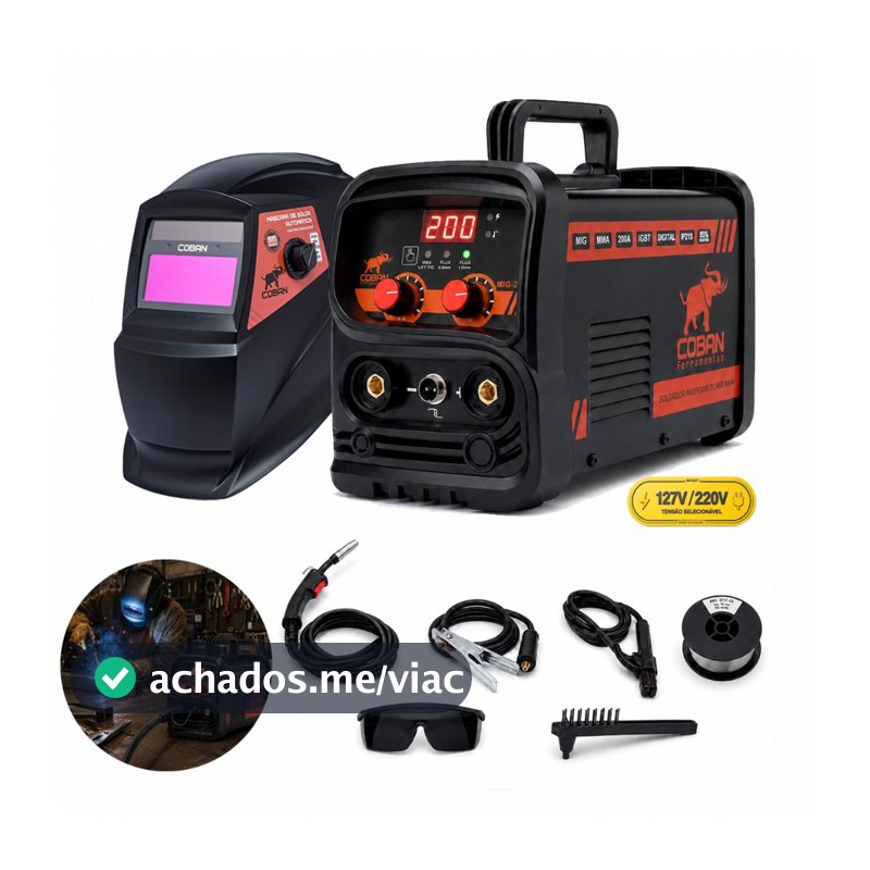 Kit Maquina De Solda Mig 200a Bivolt 110V/220V + Mascara Solda Automatic Resistente