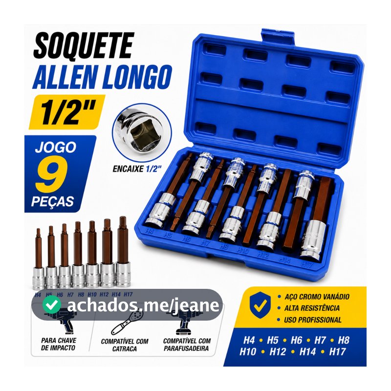 Kit Soquetes Allen Longo 1/2" para Chave de Impacto - Compatível com Catraca e Parafusadeira