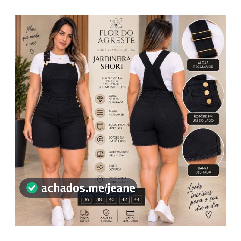 Jardineira Jeans Feminina Preta Short Meia Coxa Macacão Curto Moda Casual Botões Dourados Alça Regulável