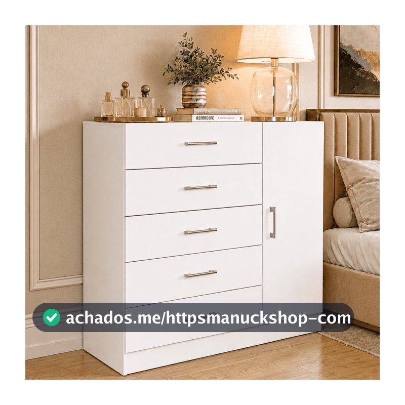 Cômoda Miami 5 Gavetas 1 Porta Sapateira Organizadora Quarto Moderno Branco Off White - Blue Moby