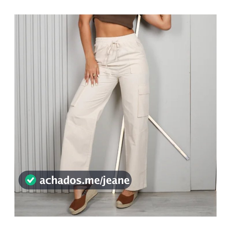 Calça Reta Feminina Slouchy Bolso Cargo Cintura e Bainha com Elástico Viscose Jogger Lycra Elastano