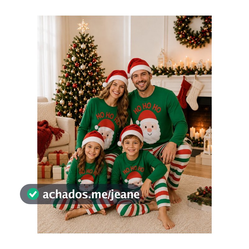 Pijama de Natal Adulto ou Infantil Unissex Manga Longa + Calça Estampa Papai Noel Listrado