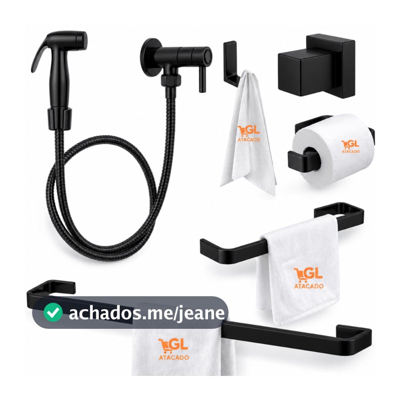Kit Banheiro Completo Preto Luxo 4 Peças + Ducha Higiênica Alta Pressão Chuveirinho + Acabamento De Registro Luxo