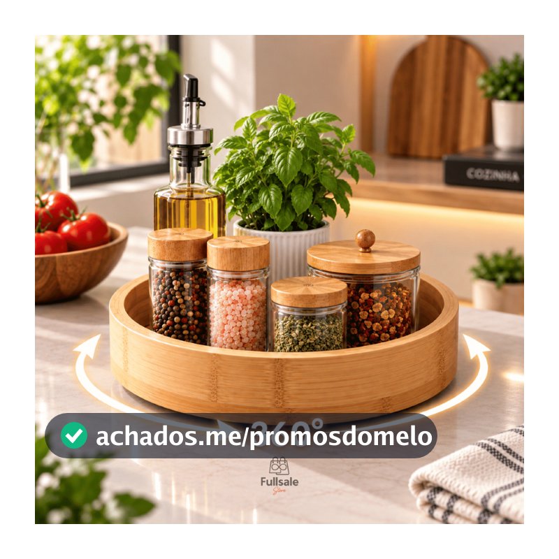 Bandeja Giratória 360° Organizadora de Cozinha em Bambu para Temperos Potes Condimentos Porta Tempero Organizador