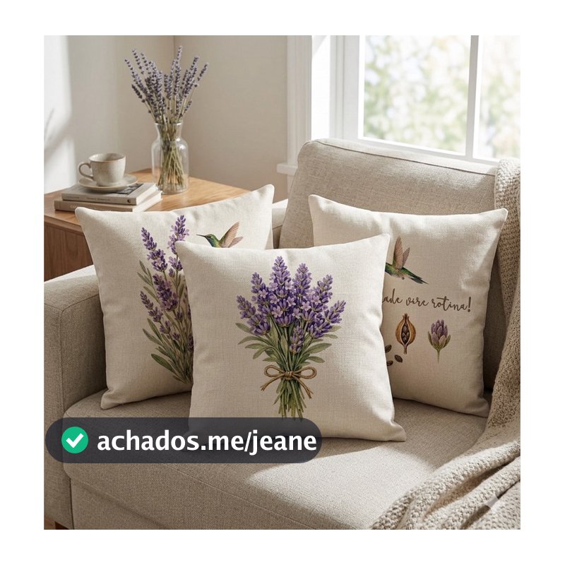Kit 3 Capas Almofada Linho Lavanda e Beija-flor Felicidade 43x43 premium floral frase