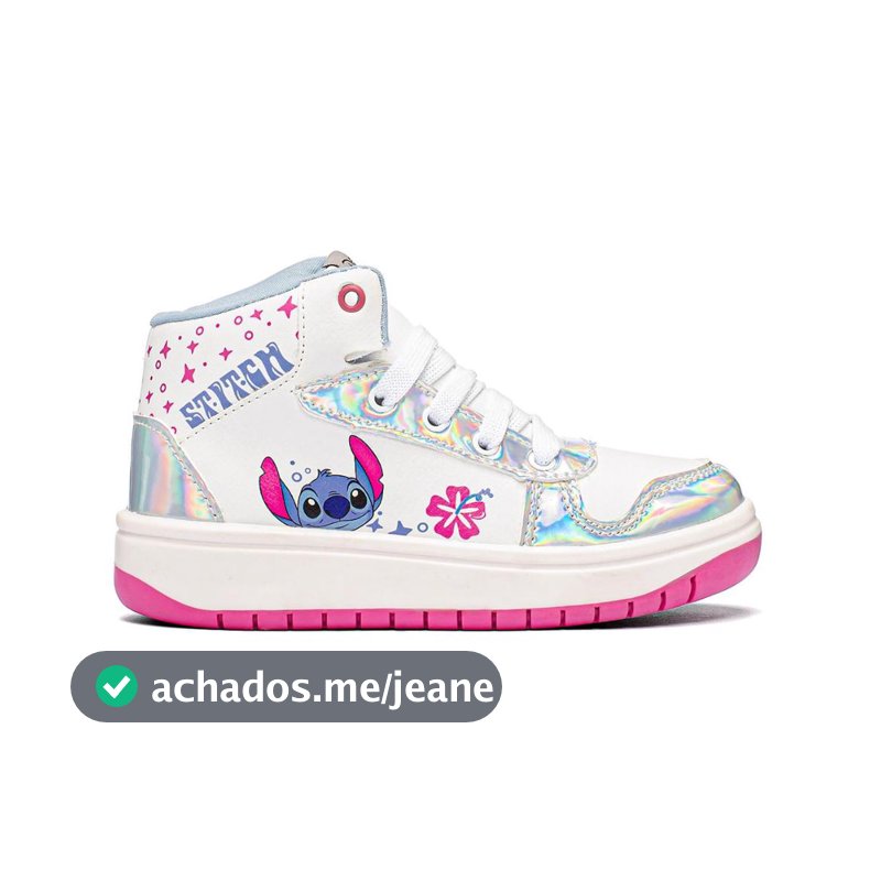 Tênis Infantil Stitch Cano Alto Holográfico Original Branco Numeração 28 ao 35 Confortável Casual Menina