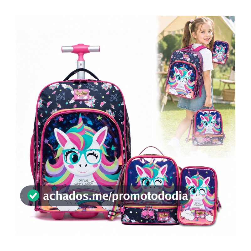 Kit Mochila Rodinha Unicórnio Lancheira Estojo Menina Escolar Espaçosa