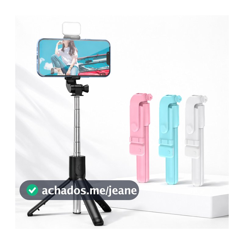 Pau de Selfie com Luz LED e Controle Remoto Bluetooth Tripé Dobrável para Smartphone 74cm