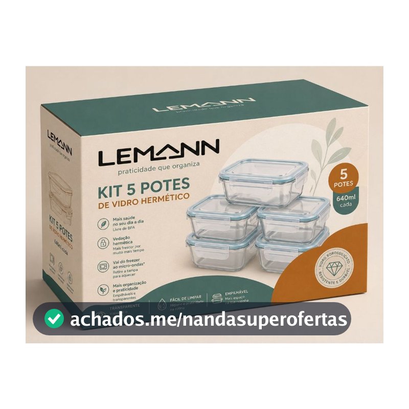 Kit 5 Potes De Vidro 640ml Marmita Hermético Borossilicato Freezer Fitness Forno Micro-ondas