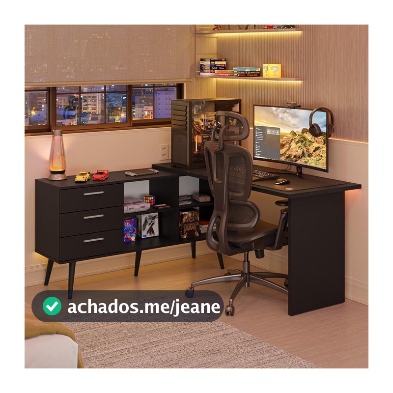 Escrivaninha Em L Mesa Para Computador Gamer 3 Gavetas Lisboa Madesa