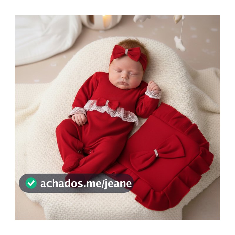 Saída Maternidade Luxo Menina Vermelho com Renda Bebê Recém Nascido Algodão 100% Kit com Manta