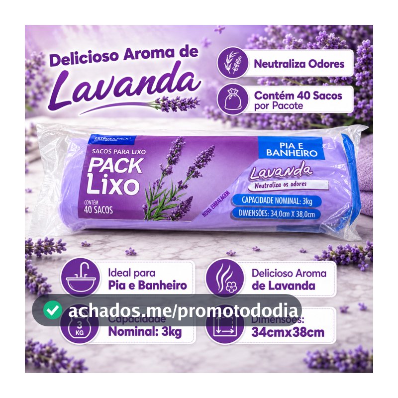 Pack Saco de Lixo Lavanda Pia e Banheiro 34x38cm Neutraliza Odores Material Resistente