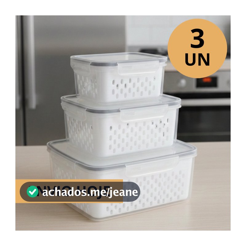 Kit 3 Potes Hermético Conjunto Com Cesto Escorredor Organizadores Cozinha Geladeira Caixa