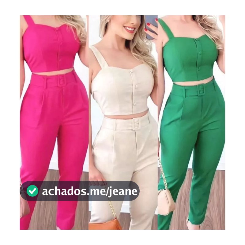 Conjunto Feminino de Linhão Duas Peças Cropped é Calça Reta com Cinto