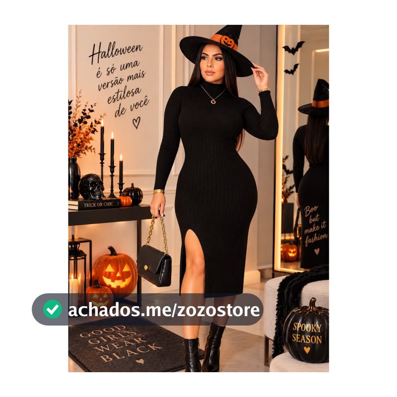 Vestido Midi Feminino Canelado Manga Longa Gola Alta com Fenda Egante Hallowen