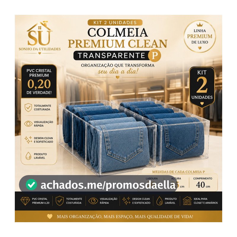Kit 2 Colmeias Organizadoras Premium Clean Transparente P PVC Cristal 0,20 Costurada para Jeans