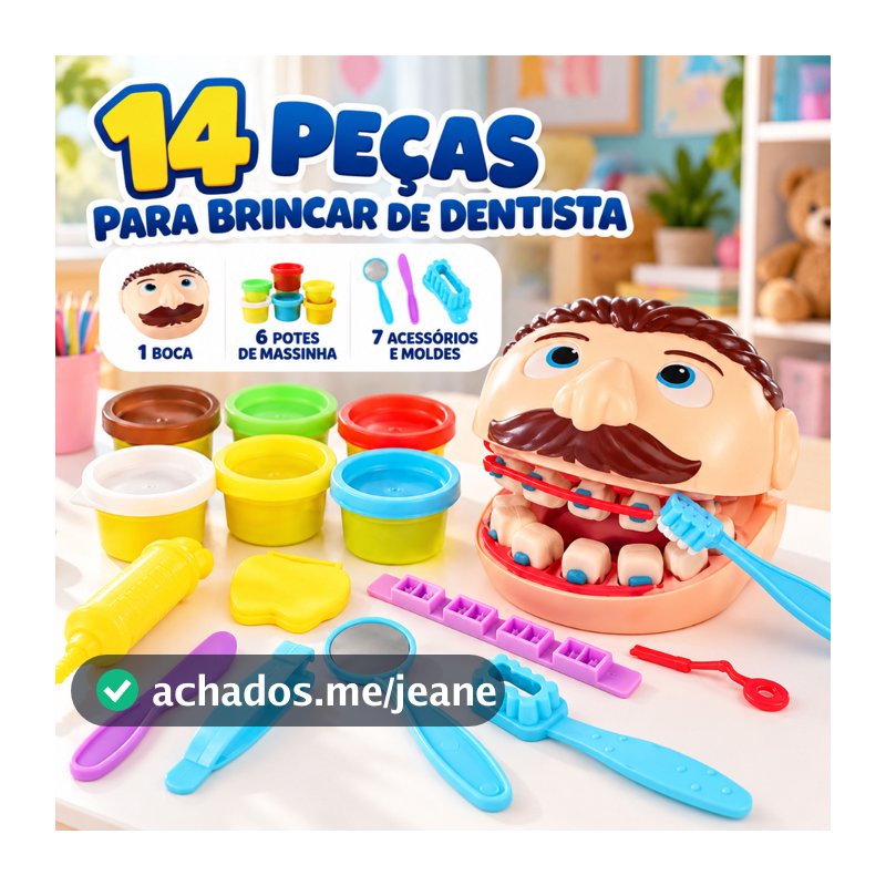 Kit Massinha Dentista Infantil 14 Peças Massa de Modelar Dentes Brinquedo Educativo com Acessórios