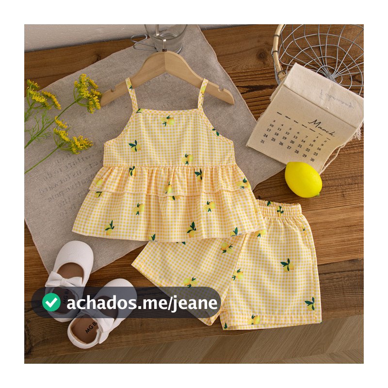 Conjunto De Roupas Xadrez Amarelas Para Bebês Meninas Em Camadas Com Shorts Roupa De Férias Infantil