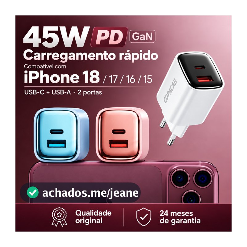 Carregador 45W GaN PD Turbo 2 Portas USB-C e USB-A–Carregamento Super Rápido para iPhone 15/16/17/18ProMax/iPad/Samsung