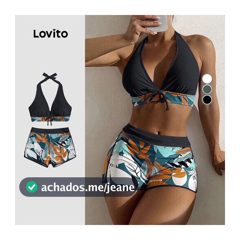 Lovito Férias Conjuntos De Biquíni Sexy Plantas Arco De Verão Feminina LNL36108 (Branco/Verde/Preto)