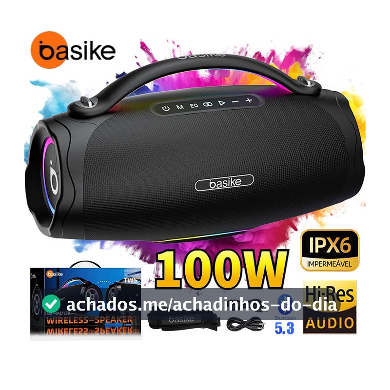 BASIKE Caixa de som 100W bluetooth portátil IPX6 RGB TWS HiFi Usb Pen Drive