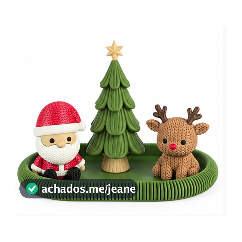 Kit Decoração de Natal 4 Peças Árvore Papai Noel Rena e Bandeja Enfeite de Mesa Natalino Textura Tricô Impressão 3D