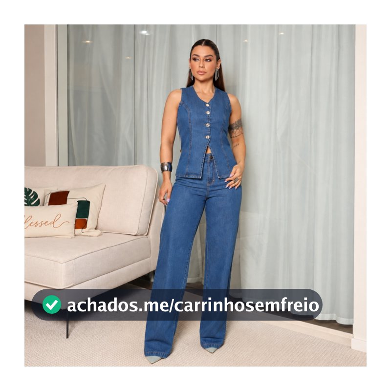 Conjunto Jeans Calça Wide Leg Colete Decote em V Fechamento Botões Feminino Elegante e Sofisticado