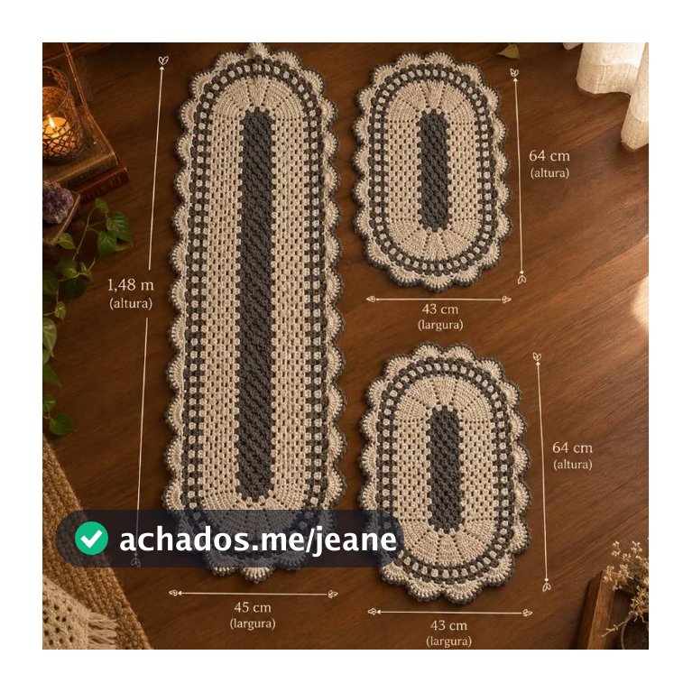 Jogo De Tapete Cozinha Em Crochê Retangular 3 Peças Feito A Mão