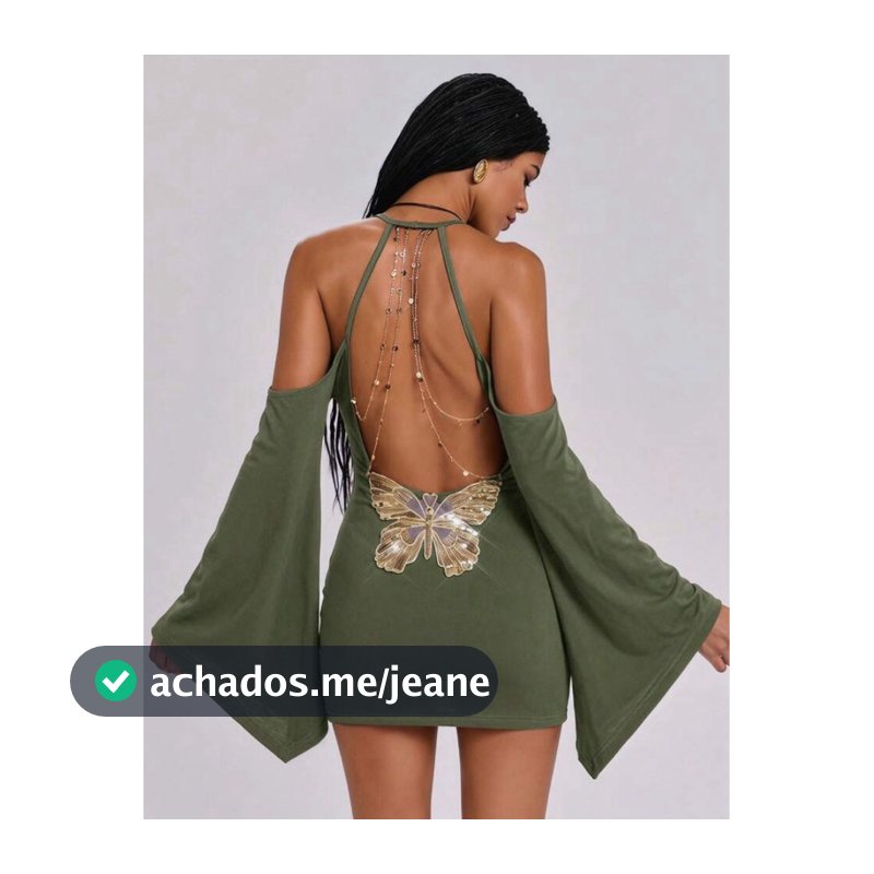 Vestido Borboleta Costas Nuas com Corrente e Manga Flare