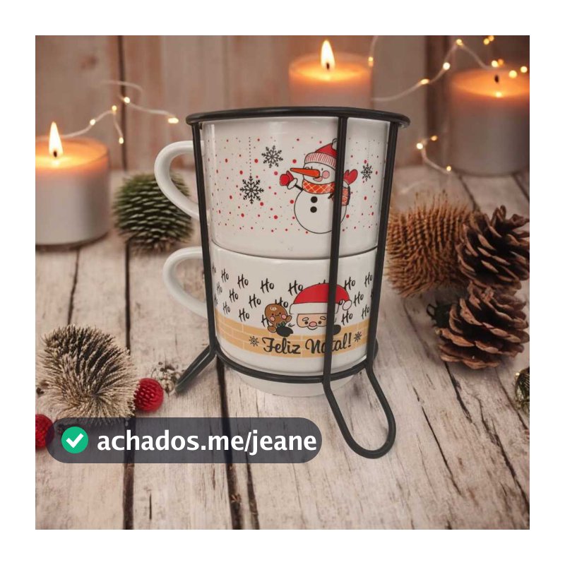 Kit 2 Xicaras Porcelana Chá Café Natal + Suporte Metal