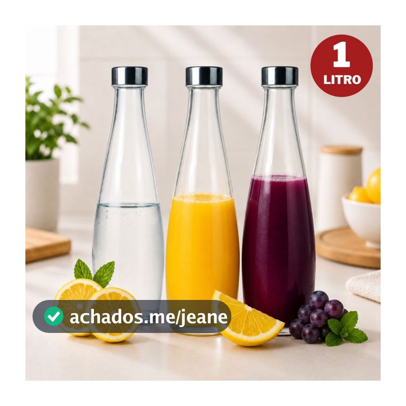 Garrafa de Vidro 1 Litro Tampa Inox Para Água Suco Chá Geladeira Jarra Fechamento Hermético