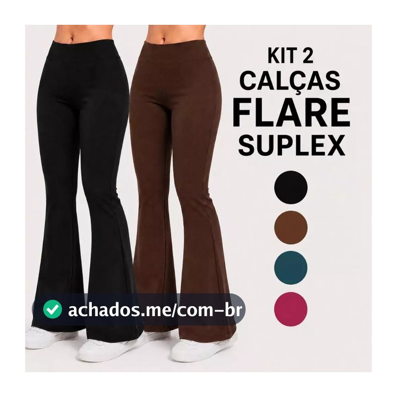 Kit 2 Calças Legging Flare Leg Bailarina Feminina Suplex Cintura Alta Sem Transparência Cós alto Calça Boca de Sino