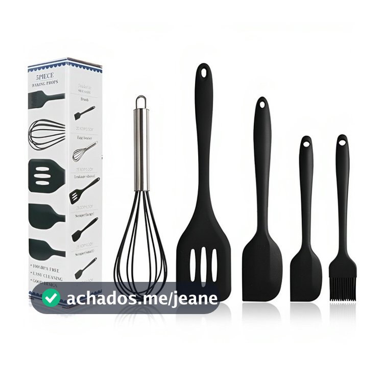 Kit Com 5 Utensílios De Silicone Espátulas de Cozinha Antiderrapante Utensilios Cozinha Preto