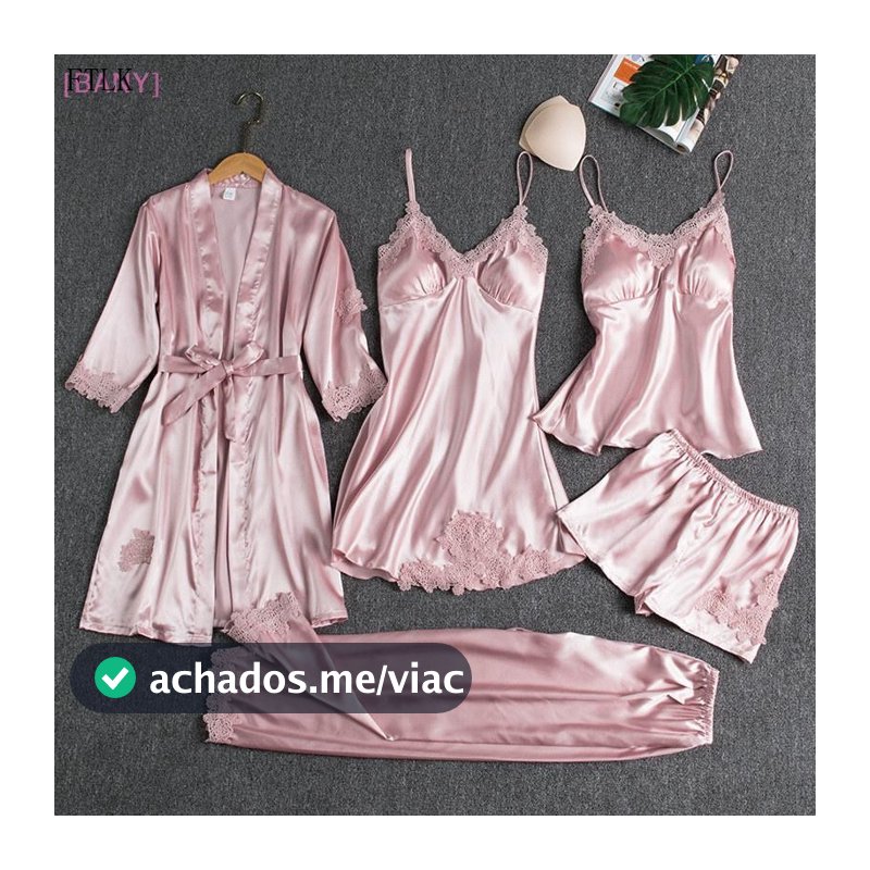 [BANY] Conjunto de Pijamas de Seda para Mulheres com 5 Peças, Vestido de Pijama com Decote em V e Camisola Us