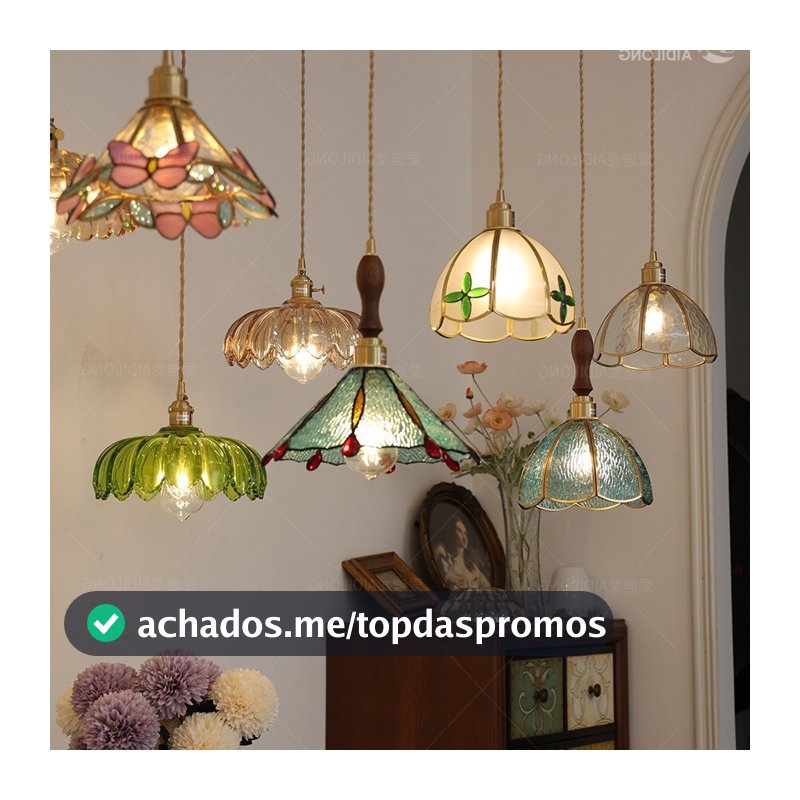 Lustre Retrô Pastoral De Latão Novidade , Luz De Teto Pendente De Vidro Colorido Feito À Mão , Quarto , Sala De Estar ,