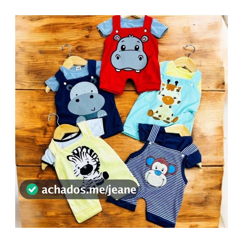 Conjunto Jardineira Zoo para Bebê com Camiseta - Safari Animais, Zebrinha, Girafa, Ursinho, Macaquinho.