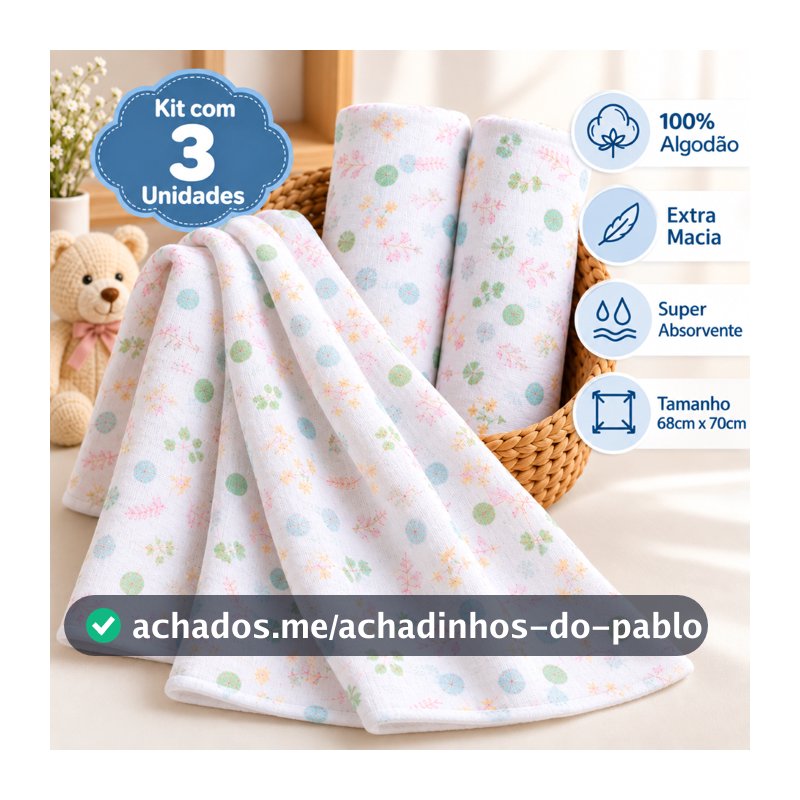 Kit 3 Fralda Pano De Ombro com Bainha Bebe Maternidade 100% Algodão Enxoval Macio Higiene
