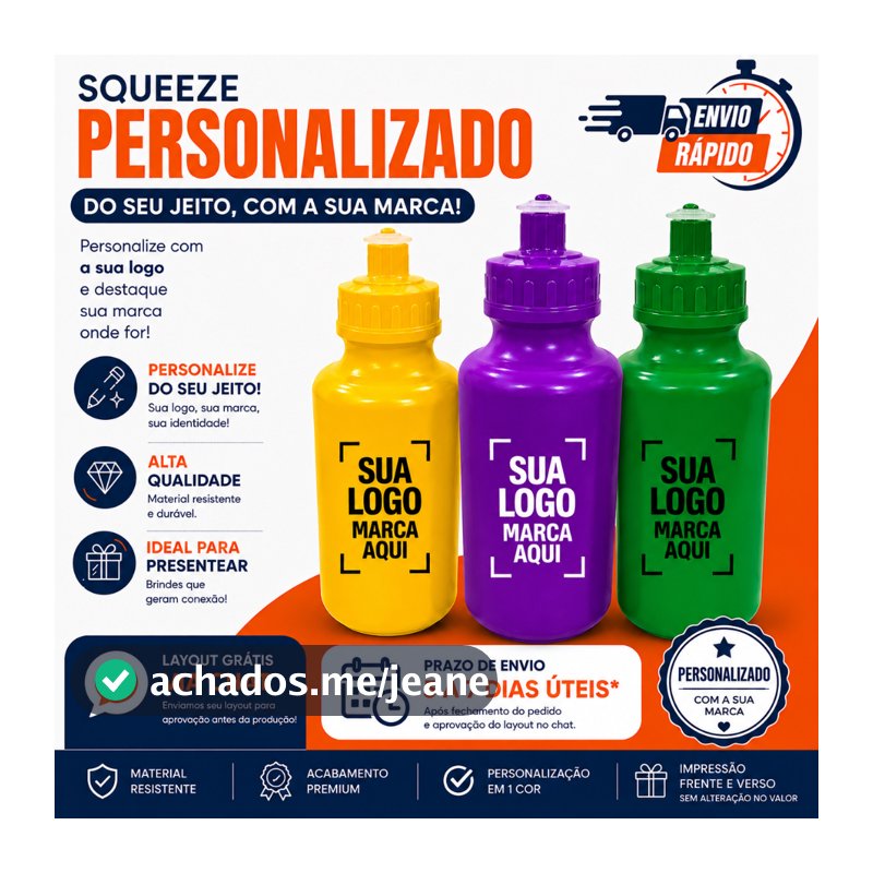 Kit 100 Garrafas Squeeze 500ml PERSONALIZADO com Sua Logo, garrafinhas de agua, bico de silicone, Livre de BPA
